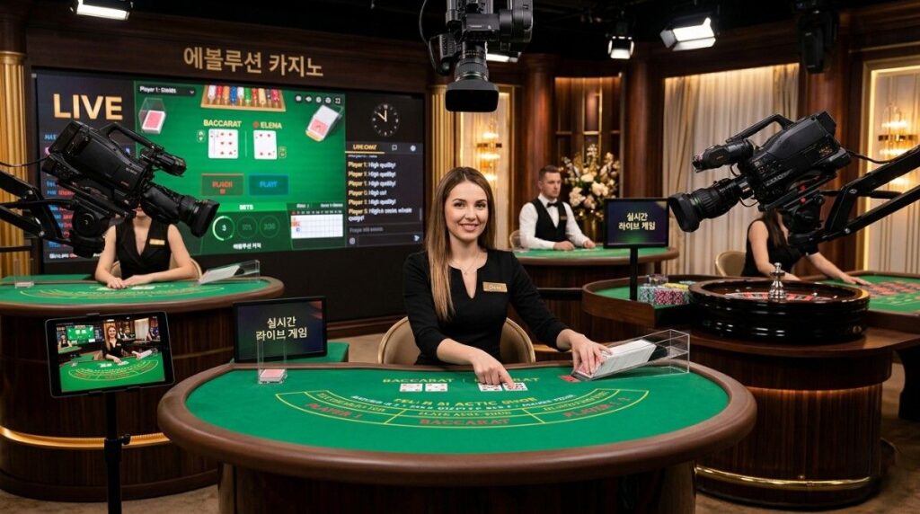 라이브카지노 고화질 카메라로 생중계되는 카지노 테이블과 전문 딜러의 모습.